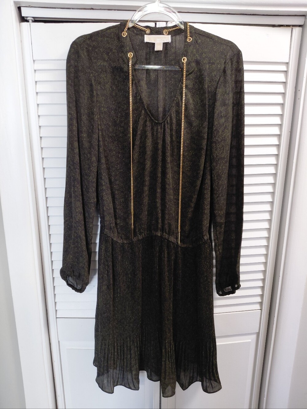 MICHAEL Michael Kors Black Green Snake Pattern Dress with Gold Chain Trim